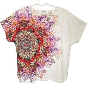 Zenergy White Pink Orange Mandala Rhinestone Print Short Sleeve Top Size 3 / XL